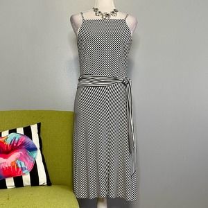 Ann Taylor Black White Striped Sleeveless Belted Cocktail Dress